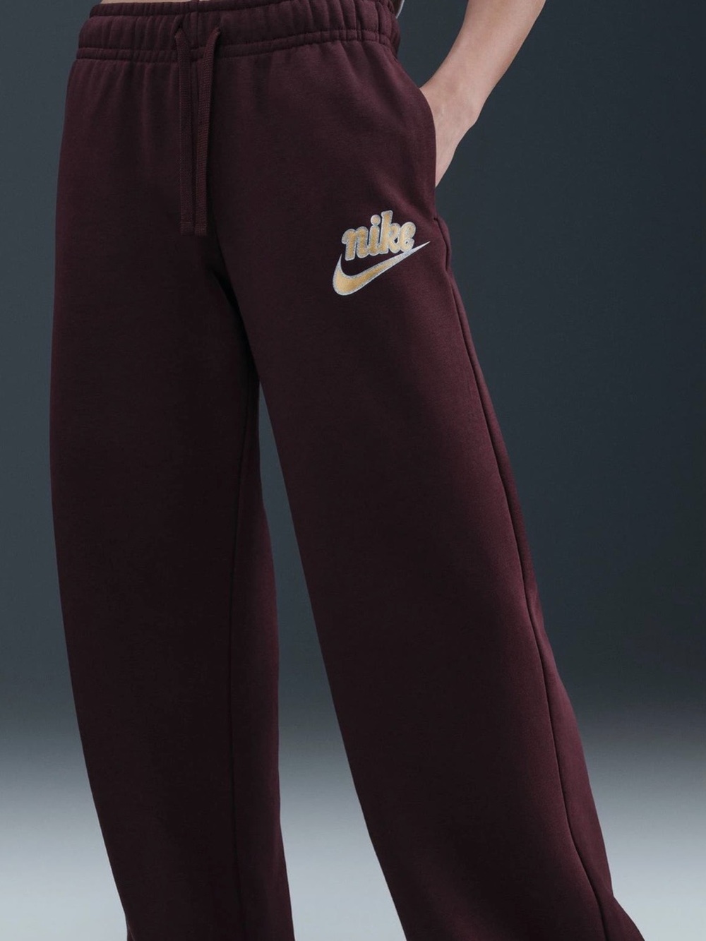 Nike Burgundy Fleece Sweatpants with gold Swoosh